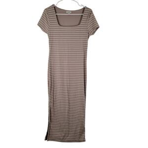 Faded Rose Midi Dress Womens Large Tan White Strip Side Slit Classic Bodycon